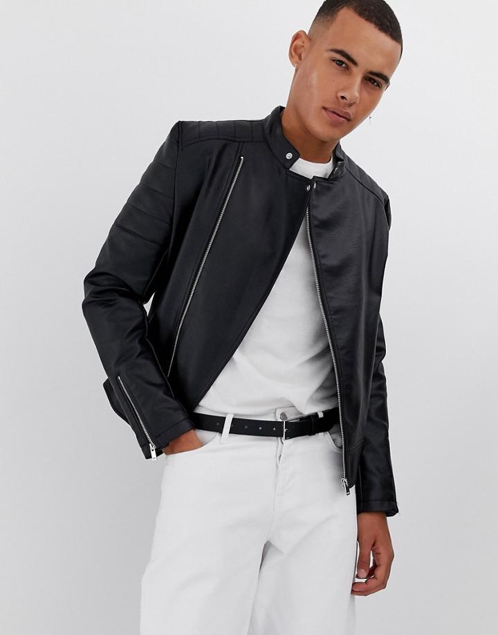 Asos Design Faux Leather Racer Jacket In Black - Black