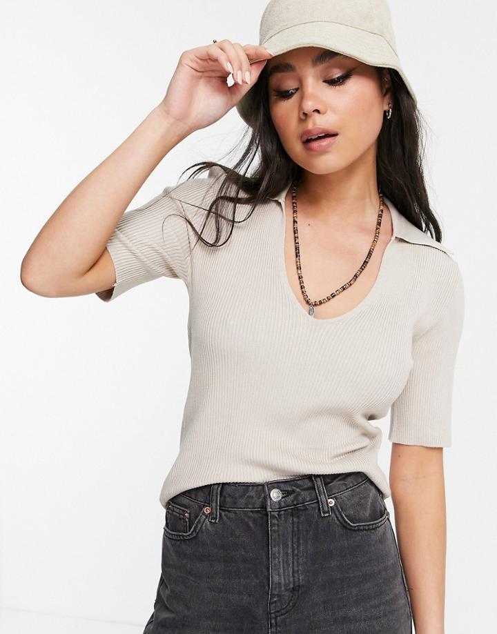 Object Knit Polo In Cream-white