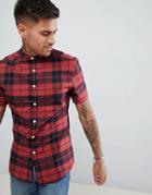 Asos Design Skinny Check Shirt With Grandad Collar - Red