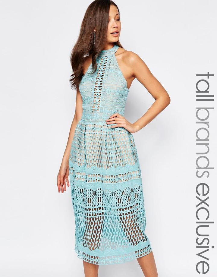 Jarlo Tall High Neck Allover Cutwork Lace Prom Skater Midi Dress - Green
