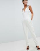 Little Mistress Cream V-neck Jumpsuit With Embellished Shoulder Detail And Exposed Back - Cream