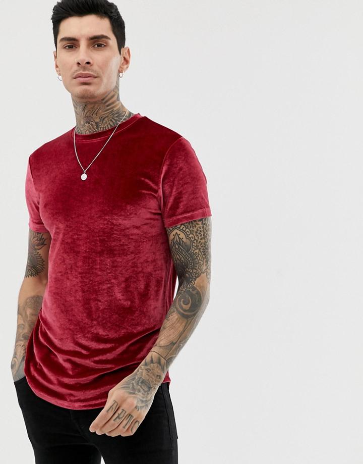 Asos Design Longline Velour T-shirt In Oxblood