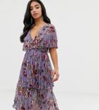 Asos Design Petite Soft Pleated Tiered Midi Dress In Lilac Floral-pink
