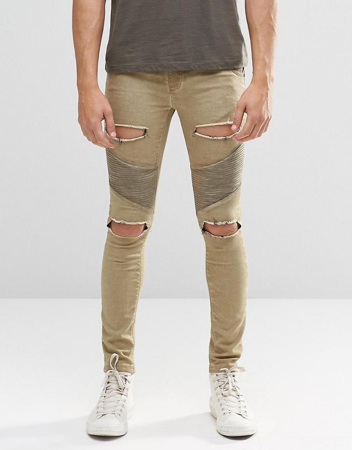 Siksilk Skinny Biker Jeans With Extreme Rips - Stone