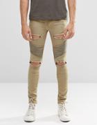 Siksilk Skinny Biker Jeans With Extreme Rips - Stone