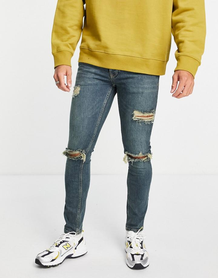 Topman Rip Stretch Skinny Jeans In Green Cast Mid Wash-blues