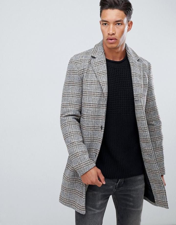 Jack & Jones Originals Check Overcoat - Gray