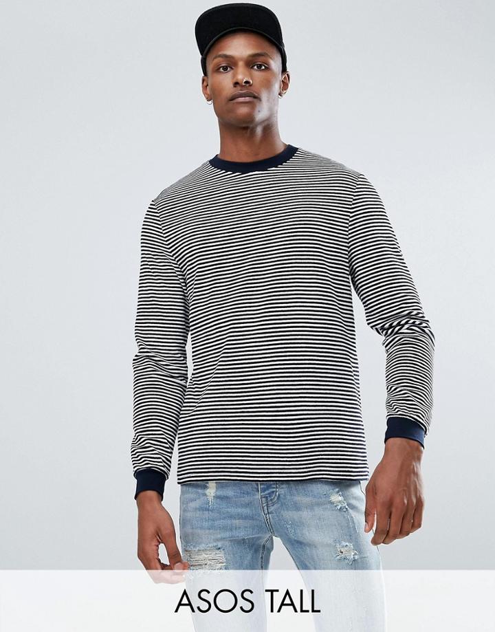 Asos Tall Relaxed Long Sleeve T-shirt In Velour Stripe - Navy