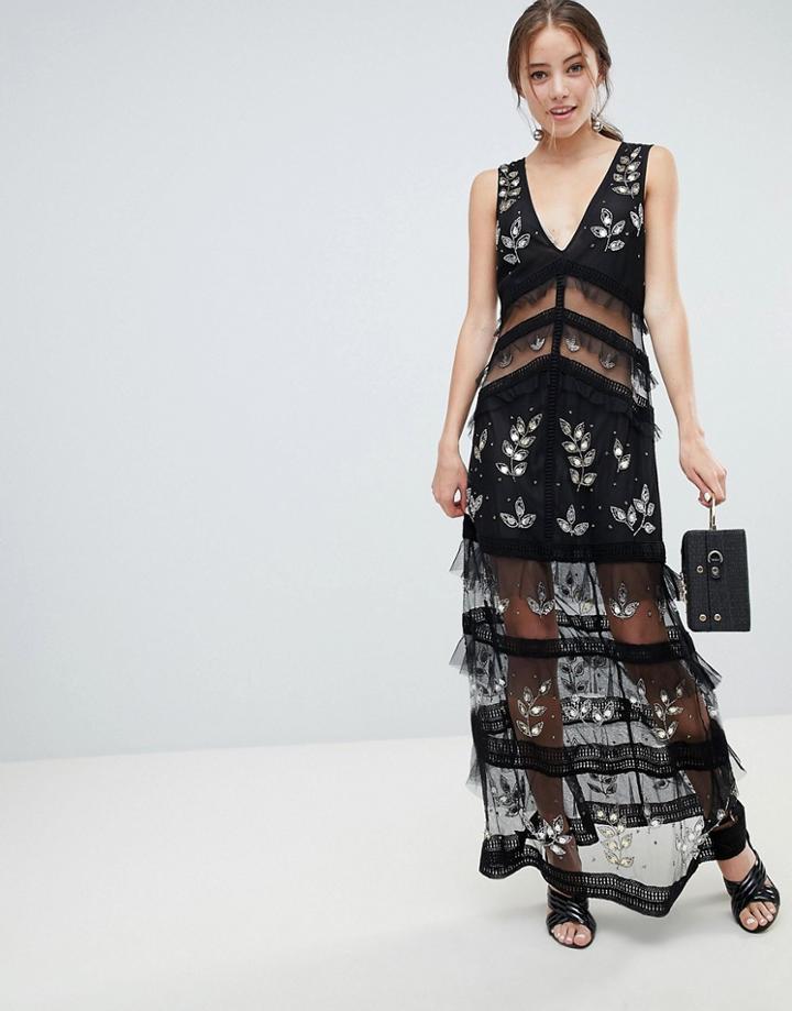 Miss Selfridge Tiered Maxi Dress With Lace Detail In Black - Black