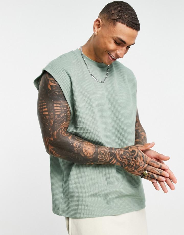 Asos Design Oversized Tank In Lightweight Waffle Fabric In Khaki-green