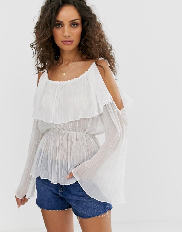 Asos Design Long Sleeve Cold Shoulder Top With Frill Shoulder-cream