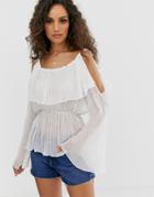 Asos Design Long Sleeve Cold Shoulder Top With Frill Shoulder-cream