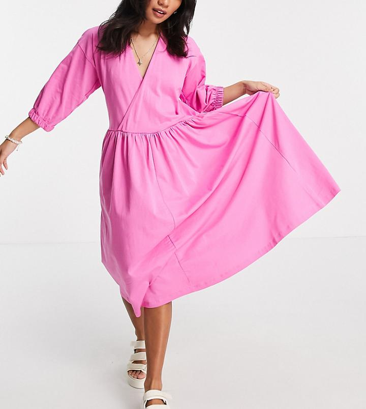 Asos Design Petite Midi Smock Dress With Wrap Top In Pink