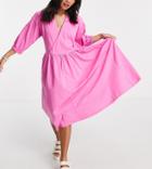 Asos Design Petite Midi Smock Dress With Wrap Top In Pink