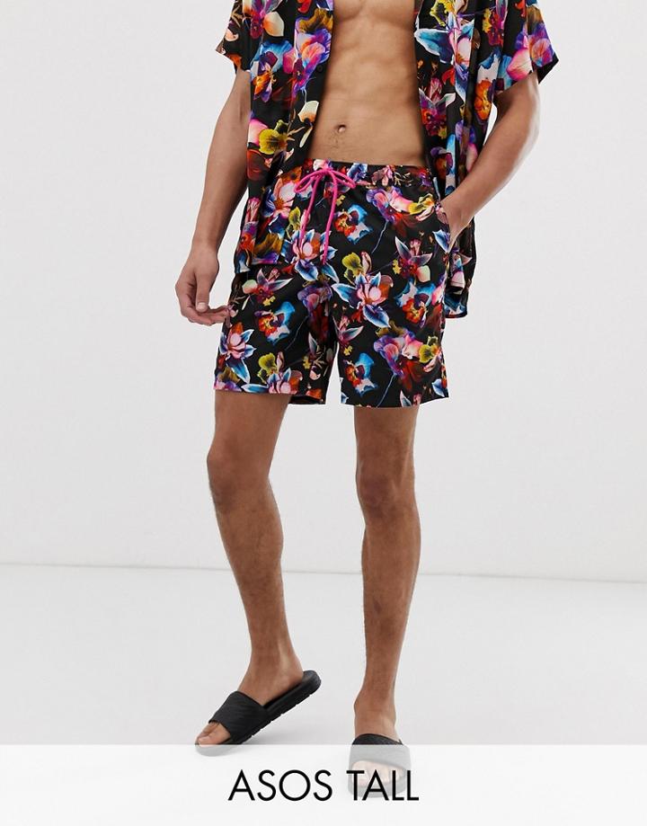 Asos Design Tall Two-piece Swim Short With Bright Floral Print In Mid Length - Black