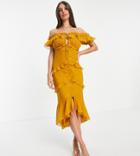 Asos Design Tall Off Shoulder Midi Dress With Button Front And Ruffle Detail-yellow