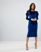 Asos Velvet Ruched Shoulder Pencil Dress - Blue