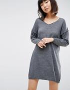 Asos Knitted Dress With V Neck In Swing Shape - Gray