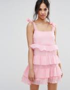 Missguided Tie Shoulder Tiered Ruffle Dress - Pink