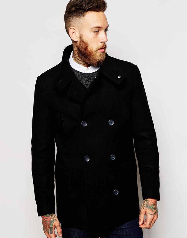 Asos Wool Peacoat With Funnel Neck In Black - Black