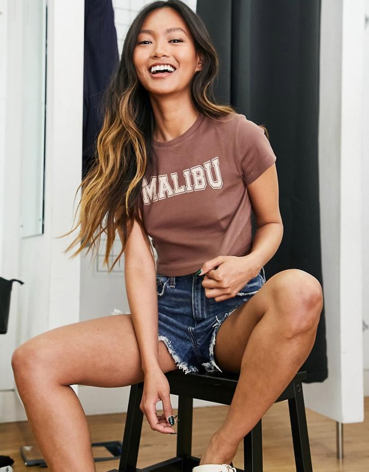 Asos Design Shrunken T-shirt With Malibu In Brown