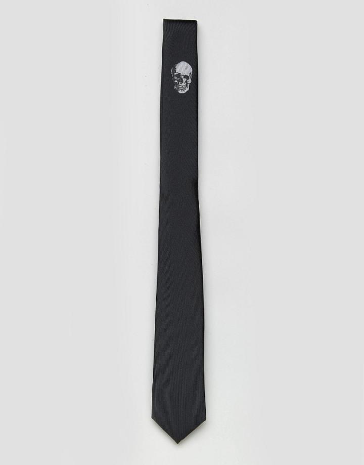 Asos Tie With Skull Crest In Black - Black