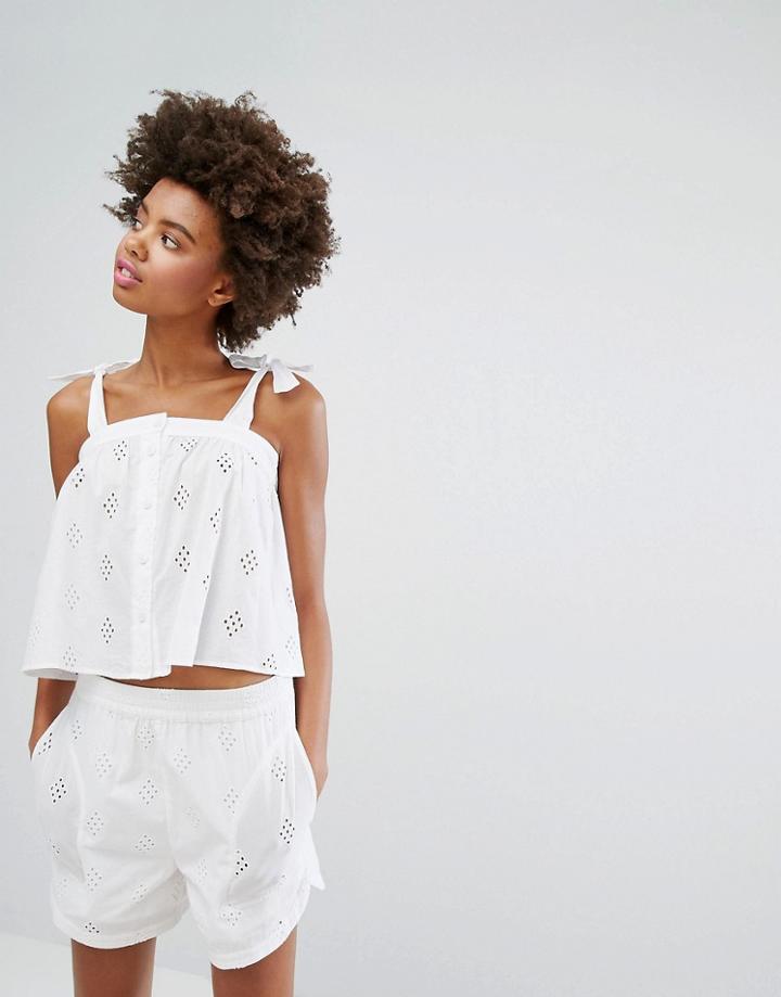 Monki Brodierery Tie Shoulder Smock Top - White