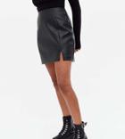 New Look Petite Faux Leather Mini Skirt With Side Slit In Black