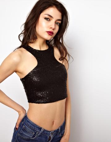 Asos Crop Top With Racer Neck In Sequins