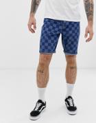Asos Design Slim Denim Shorts In Mid Wash Blue Checker Board Print - Blue
