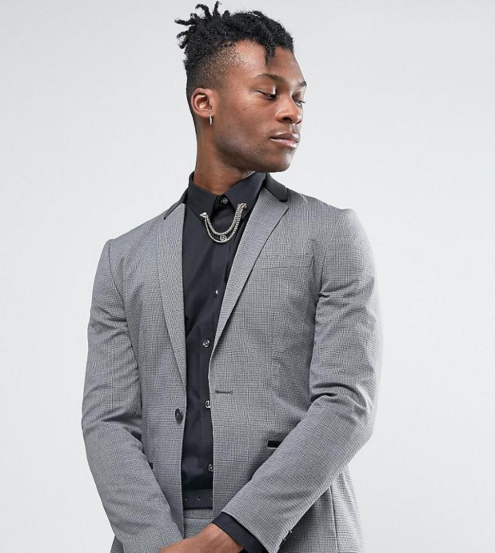 Religion Super Skinny Suit Jacket In Dogstooth With Faux Leather Back Neck - Gray
