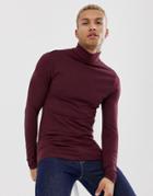 Asos Design Muscle Fit Long Sleeve Roll Neck T-shirt With Stretch In Burgundy - Red