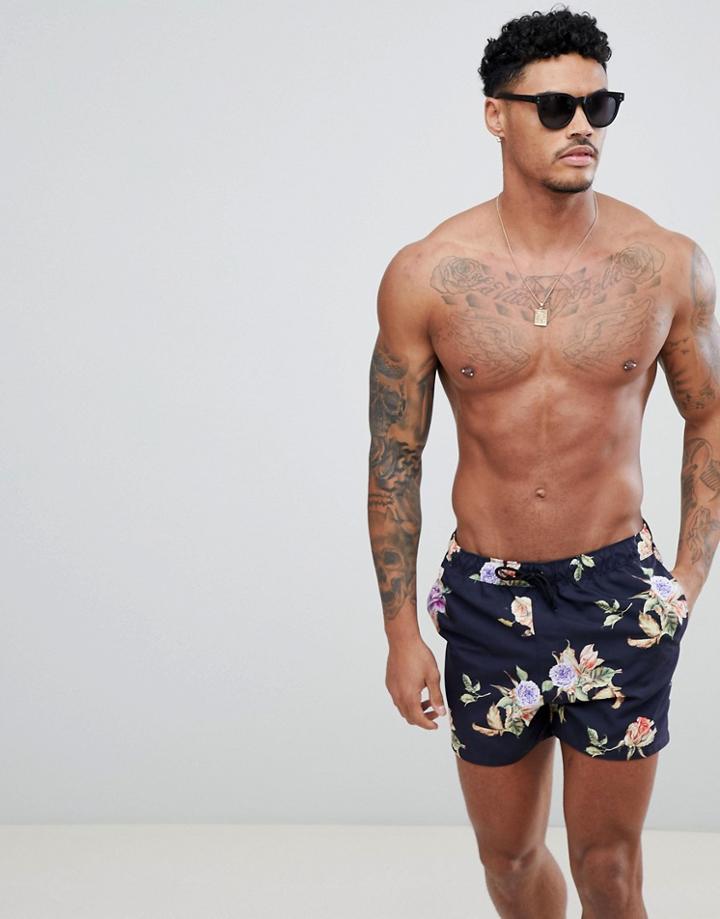 Asos Design Two-piece Swim Shorts In Floral Print In Short Length - Black