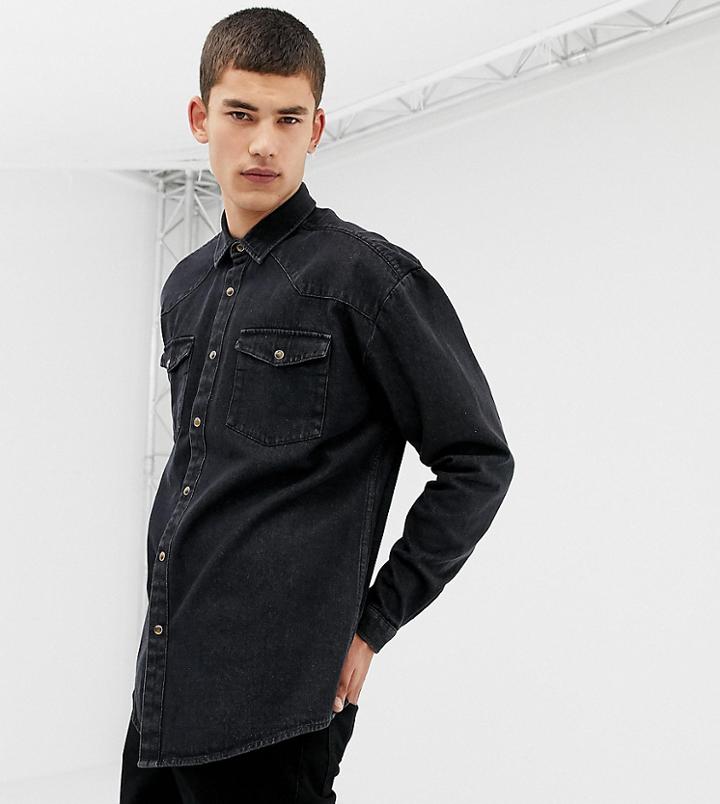 Collusion Tall Oversized Western Denim Shirt In Washed Black - Black