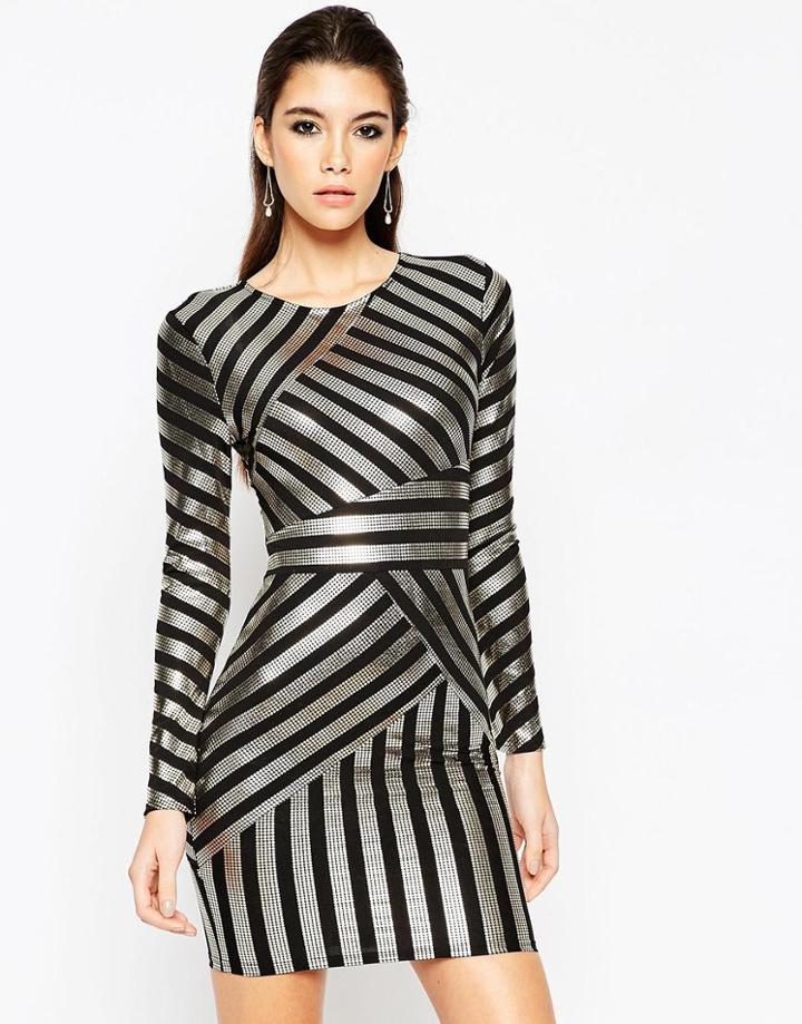 Asos Night Foil Print Stripe Body-conscious Dress - Gold