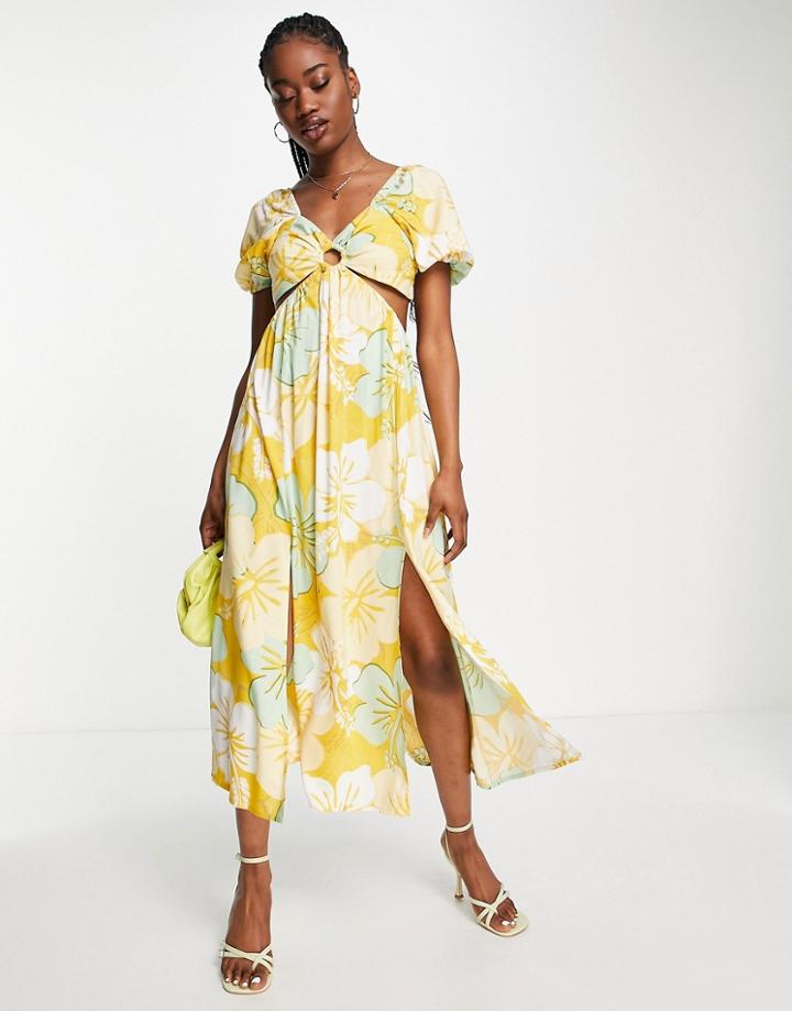 Miss Selfridge Ring Detail Cut Out Maxi Dress In Yellow Hibiscus Print