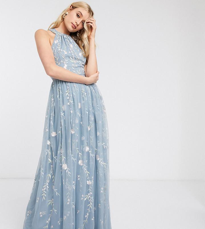 Asos Design Tall Halterneck Pretty Embroidered Floral And Sequin Mesh Maxi Dress-multi