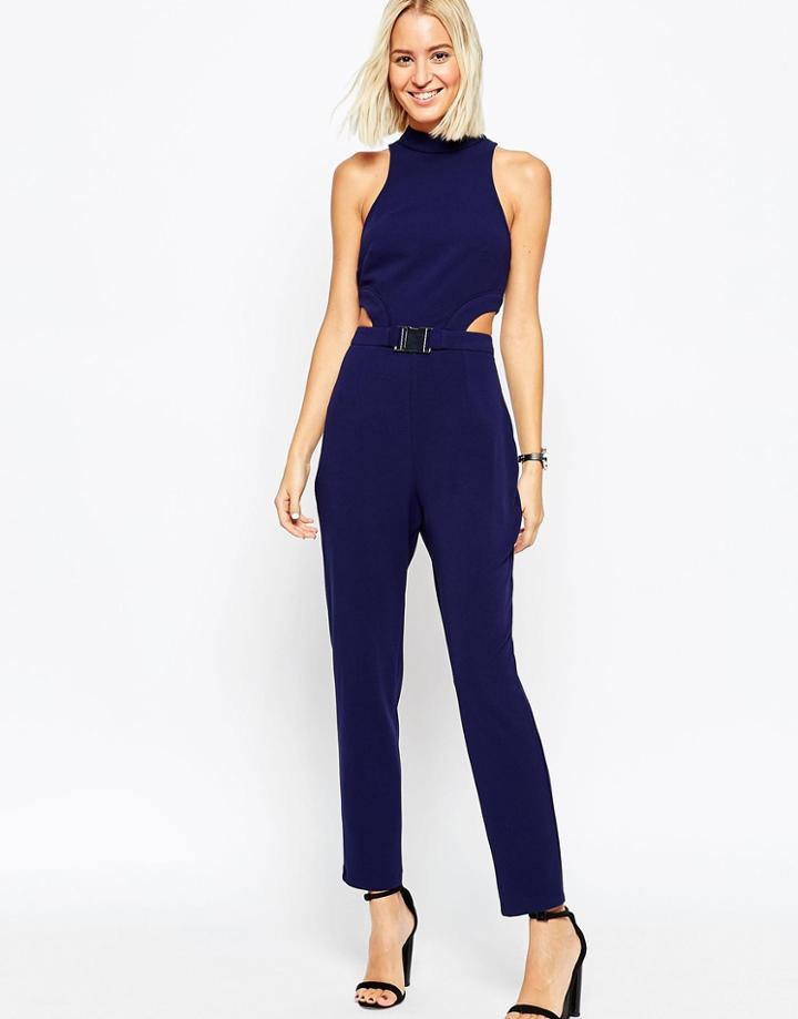 Asos Jumpsuit With Metal Buckle And Cut Out - Navy