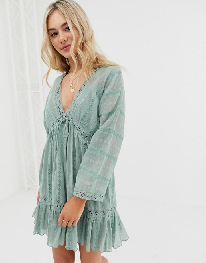 Asos Design Lace Insert Mini Smock Dress With Lace Up Detail - Green