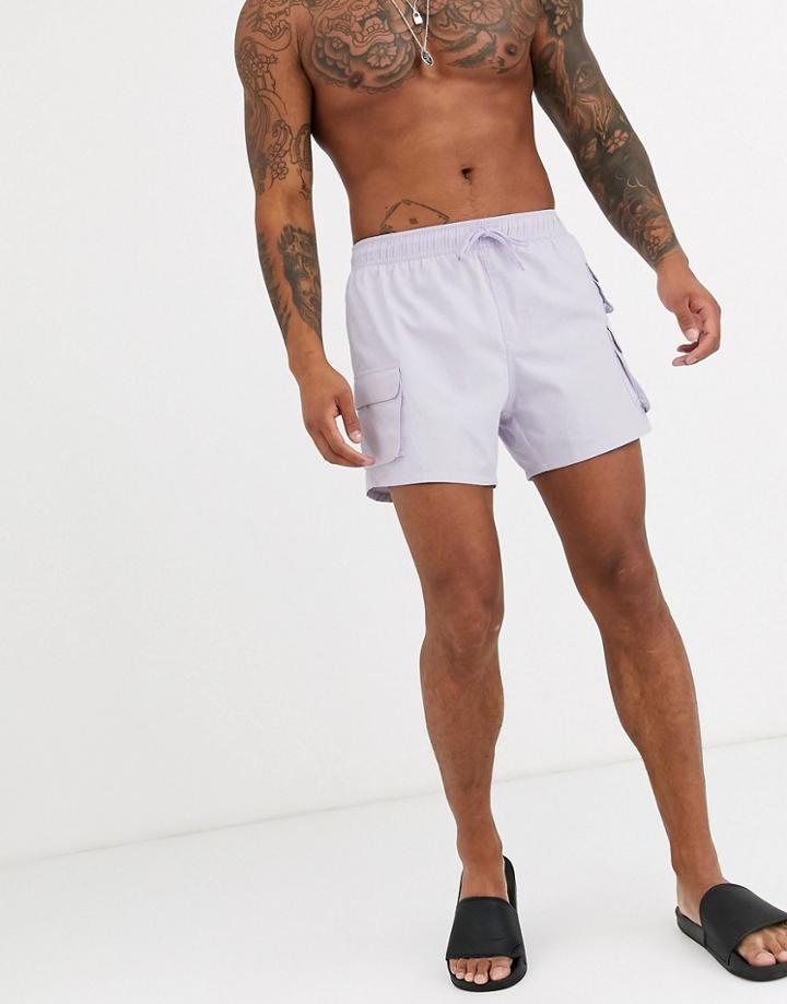 Asos Design Swim Short In Lilac With Utility Pockets In Short Length-purple