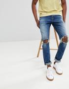 Only & Sons Slim Tapered Jeans With Open Knee Rips-blue