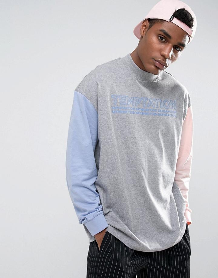 Asos Oversized Long Sleeve T-shirt With Temptation Print & Turtleneck - Gray