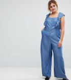 Current Air Plus Denim Jumpsuit With Ruffle Sleeve-blue