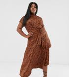 Asos Design (voted By You) Curve Cowl Neck Tie Waist Midi Dress In Tortoiseshell Print - Multi