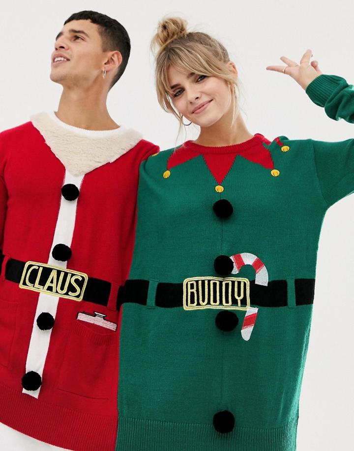 Bravesoul Santa Claus And Buddy Elf Two Person Holidays Sweater - Red