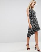 Asos One Sleeve Scarf Neck Tie Midi Polka Dot Tea Dress - Multi