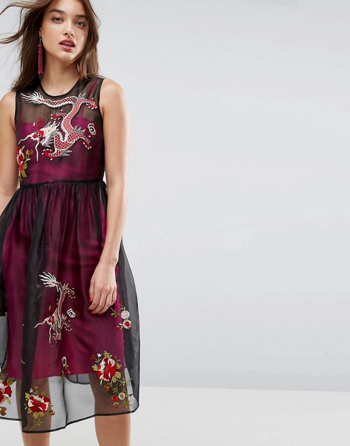 Asos Premium Embroidered Mesh Midi Skater Dress With Contrast Lining - Multi