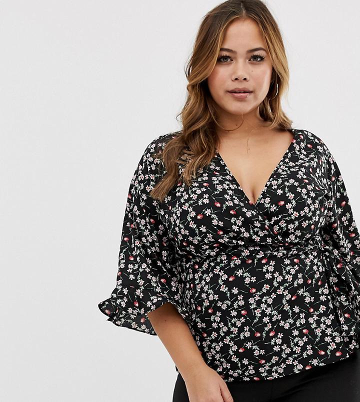 Fashion Union Plus Long Sleeved Wrap Blouse In Floral - Black