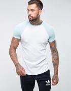 Asos Longline Muscle Fit T-shirt With Curved Hem And Contrast Raglan Sleeves In Waffle - White