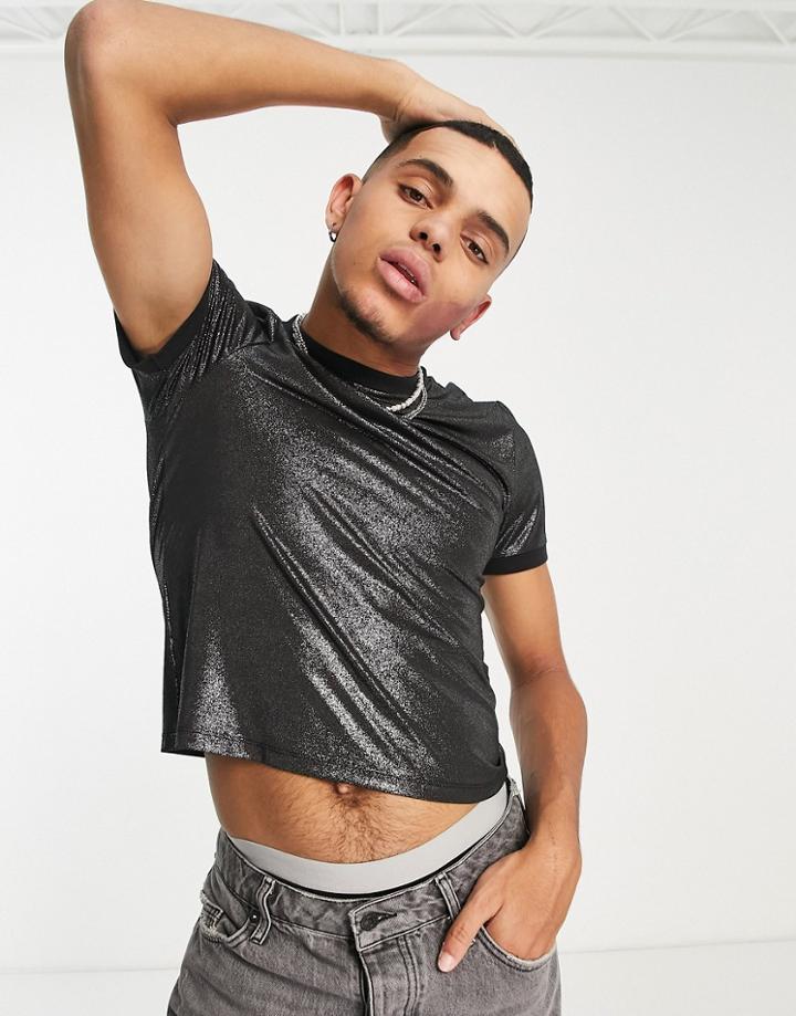 Asos Design Cropped T-shirt In Black Metallic Texture